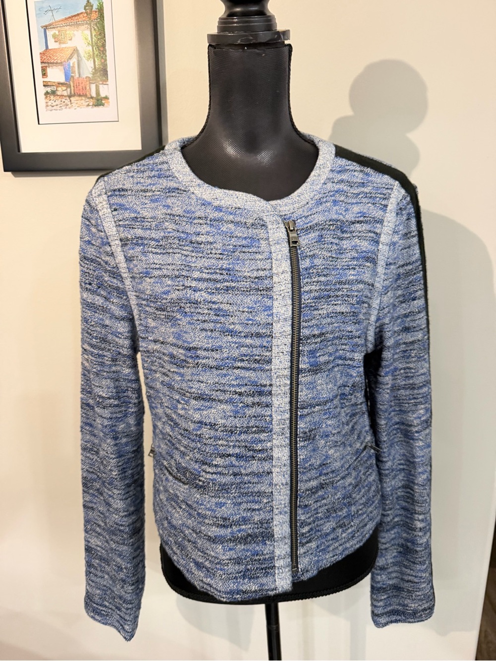 BCBGMaxaria Womens Blue Marled Zip-Front Knit Blazer L